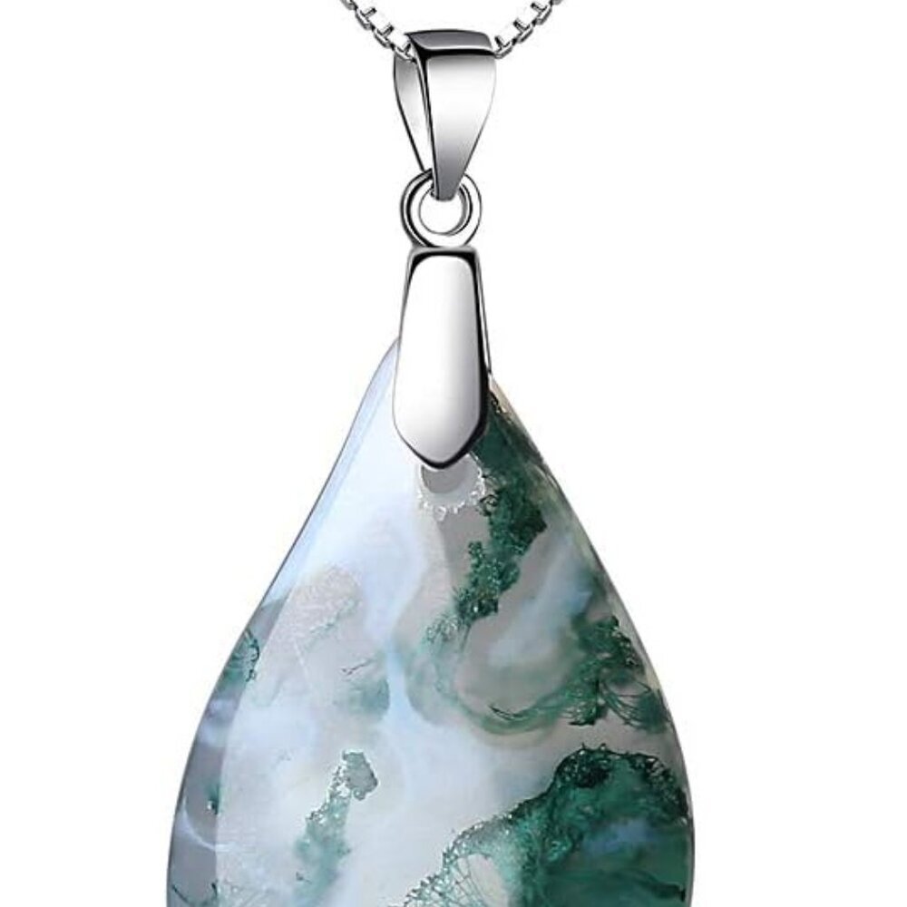 925 Sterling Silver Moss Agate Leaf Pendant Necklace